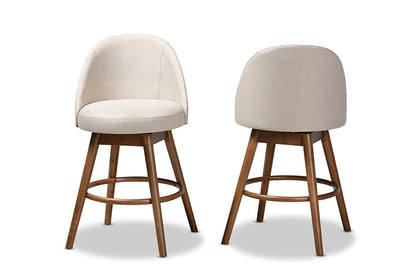 Baxton Studio Carra Mid-Century Modern Light Beige Fabric Upholstered Walnut-Finished Wood Swivel Counter Stool Set of 2