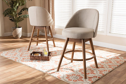 Baxton Studio Carra Mid-Century Modern Light Beige Fabric Upholstered Walnut-Finished Wood Swivel Counter Stool Set of 2