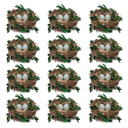 Twig Bird Nest with Eggs and Boxwood Foliage (Set of 12)