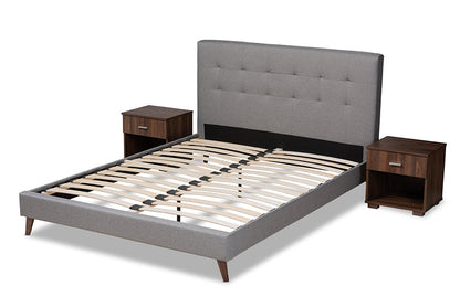 Baxton Studio Maren Mid-Century Modern Light Grey Fabric Upholstered Queen Size Platform Bed with Two Nightstands