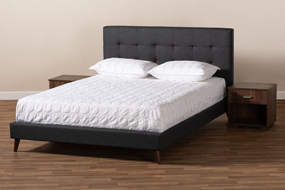 Baxton Studio Maren Mid-Century Modern Dark Grey Fabric Upholstered Queen Size Platform Bed with Two Nightstands