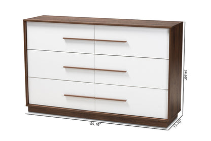 Baxton Studio Mette Mid-Century Modern White and Walnut Finished 6-Drawer Wood Dresser