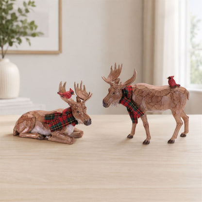 Carved Moose with Scarf and Cardinal Birds (Set of 2)