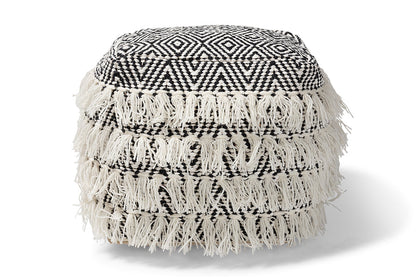 Baxton Studio Alain Moroccan Inspired Black and Ivory Handwoven Wool Tassel Pouf Ottoman