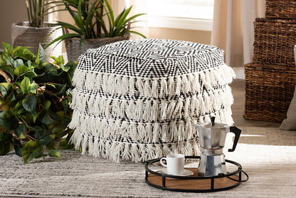 Baxton Studio Alain Moroccan Inspired Black and Ivory Handwoven Wool Tassel Pouf Ottoman