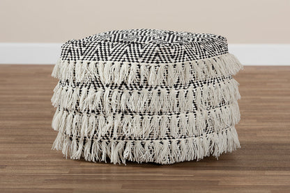 Baxton Studio Alain Moroccan Inspired Black and Ivory Handwoven Wool Tassel Pouf Ottoman