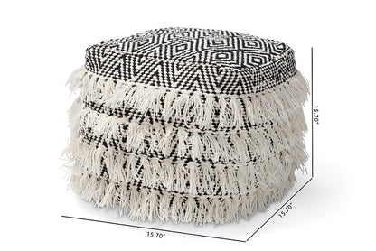 Baxton Studio Alain Moroccan Inspired Black and Ivory Handwoven Wool Tassel Pouf Ottoman