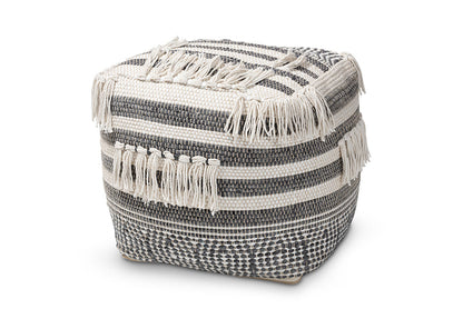 Baxton Studio Kirby Moroccan Inspired Grey and Ivory Handwoven Cotton Pouf Ottoman