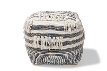 Baxton Studio Kirby Moroccan Inspired Grey and Ivory Handwoven Cotton Pouf Ottoman