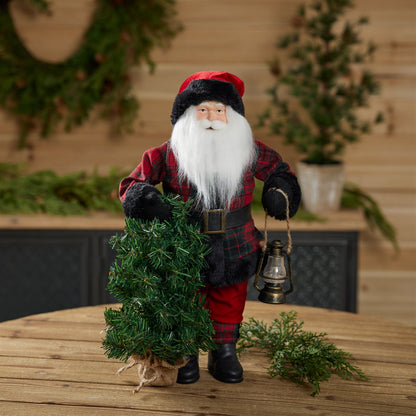 Plaid Santa Figurine with Tree and Lantern