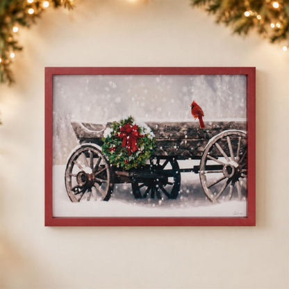 Framed Cardinal and Christmas Wagon Wall Art 15.5"L