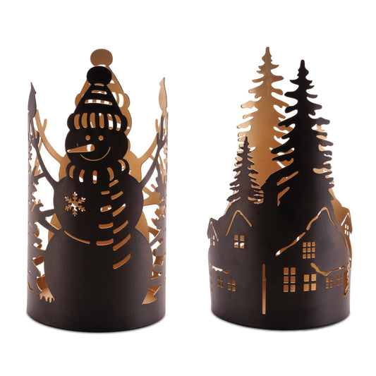 Cut Metal Snowman and Cabin Candle Holder (Set of 2)