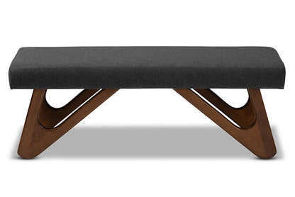 Baxton Studio Rika Mid-Century Modern Dark Grey Fabric Upholstered Walnut Brown Finished Boomerang Bench