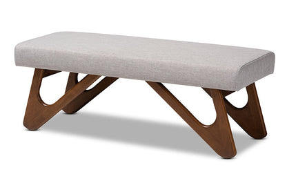 Baxton Studio Rika Mid-Century Modern Greyish Beige Fabric Upholstered Walnut Brown Finished Boomerang Bench