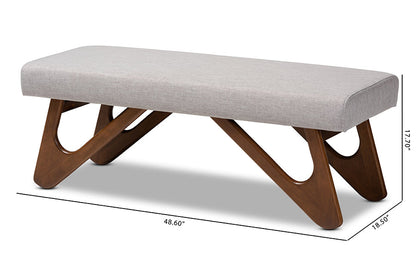 Baxton Studio Rika Mid-Century Modern Greyish Beige Fabric Upholstered Walnut Brown Finished Boomerang Bench