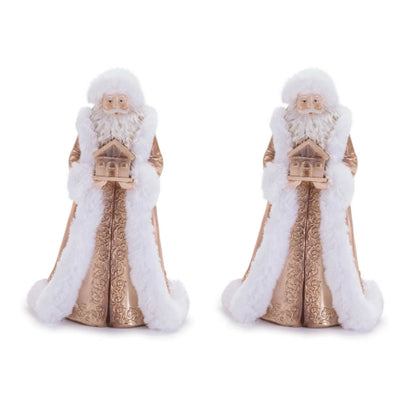 Santa Figurines with House in Gold and White (Set of 2)