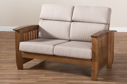 Baxton Studio Charlotte Modern Classic Mission Style Taupe Fabric Upholstered Walnut Brown Finished Wood 2-Seater Loveseat