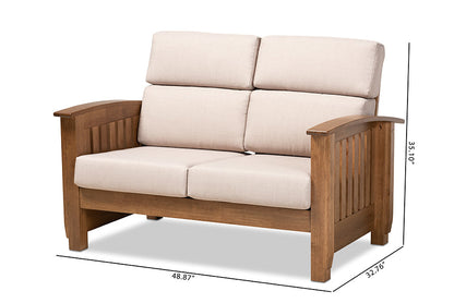 Baxton Studio Charlotte Modern Classic Mission Style Taupe Fabric Upholstered Walnut Brown Finished Wood 2-Seater Loveseat