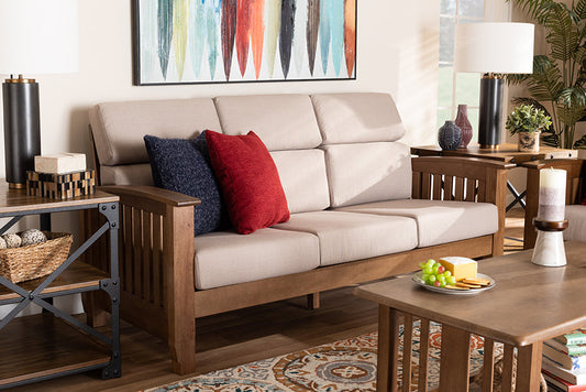 Baxton Studio Charlotte Modern Classic Mission Style Taupe Fabric Upholstered Walnut Brown Finished Wood 3-Seater Sofa
