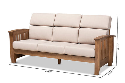 Baxton Studio Charlotte Modern Classic Mission Style Taupe Fabric Upholstered Walnut Brown Finished Wood 3-Seater Sofa