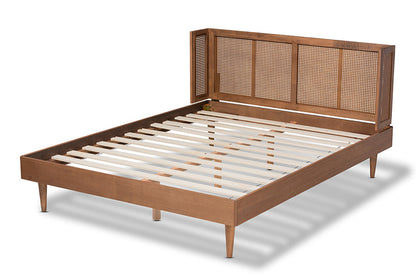 Baxton Studio Rina Mid-Century Modern Ash Wanut Finished Wood and Synthetic Rattan Queen Size Platform Bed with Wrap-Around Headboard