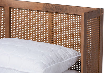 Baxton Studio Rina Mid-Century Modern Ash Wanut Finished Wood and Synthetic Rattan King Size Platform Bed with Wrap-Around Headboard