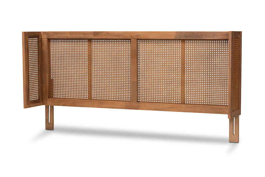 Baxton Studio Rina Mid-Century Modern Ash Wanut Finished Wood and Synthetic Rattan Queen Size Wrap-Around Headboard