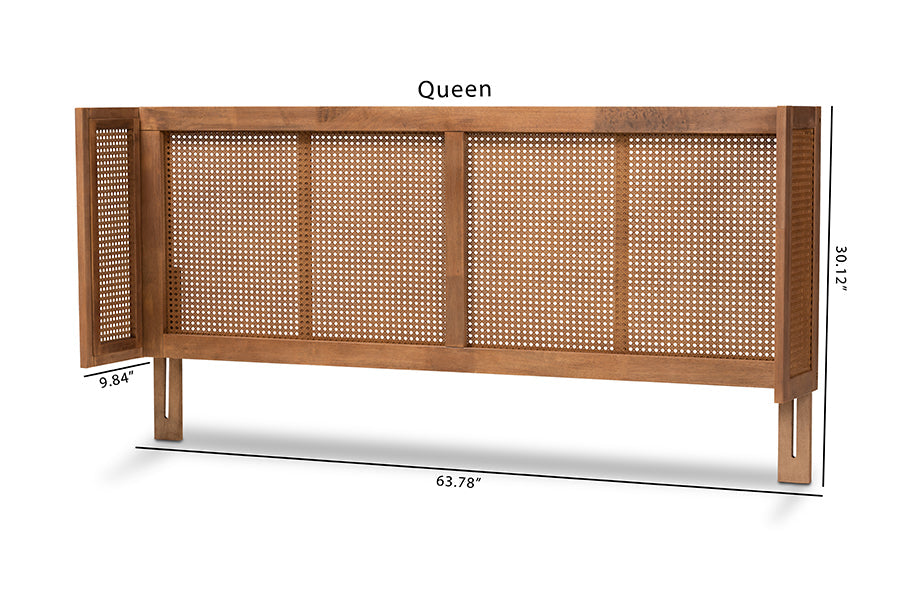 Baxton Studio Rina Mid-Century Modern Ash Wanut Finished Wood and Synthetic Rattan Queen Size Wrap-Around Headboard