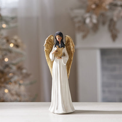 Angel Figurine with Harp and Gold Wings