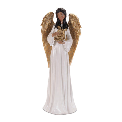 Angel Figurine with Harp and Gold Wings