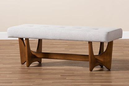 Baxton Studio Theo Mid-Century Modern Greyish Beige Fabric Upholstered Walnut Finished Bench