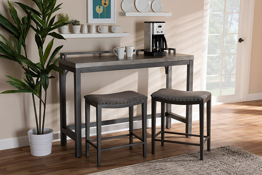 Baxton Studio Noll Modern and Contemporary Grey Fabric Upholstered 3-Piece Multipurpose Metal Counter Table Set