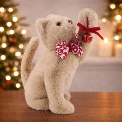 Plush Christmas Cat Figurine with Knit Bow