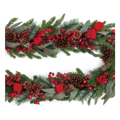 Fresh Touch Pine and Berry Garland with Ribbon 6'L
