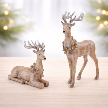 Glittered Deer with Wreath Figurine (Set of 2)