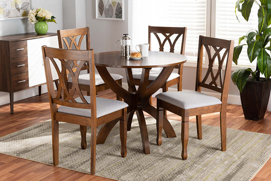 Baxton Studio April Modern and Contemporary Grey Fabric Upholstered and Walnut Brown Finished Wood 5-Piece Dining Set