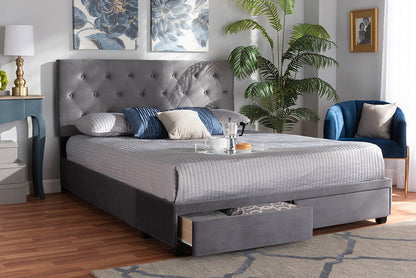 Baxton Studio Caronia Modern and Contemporary Grey Velvet Fabric Upholstered 2-Drawer King Size Platform Storage Bed
