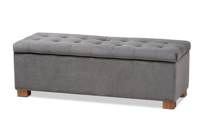 Baxton Studio Roanoke Modern and Contemporary Grey Velvet Fabric Upholstered Grid-Tufted Storage Ottoman Bench
