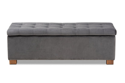 Baxton Studio Roanoke Modern and Contemporary Grey Velvet Fabric Upholstered Grid-Tufted Storage Ottoman Bench