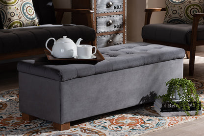 Baxton Studio Roanoke Modern and Contemporary Grey Velvet Fabric Upholstered Grid-Tufted Storage Ottoman Bench