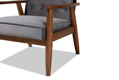 Baxton Studio Sorrento Mid-century Modern Grey Velvet Fabric Upholstered Walnut Finished Wooden Lounge Chair