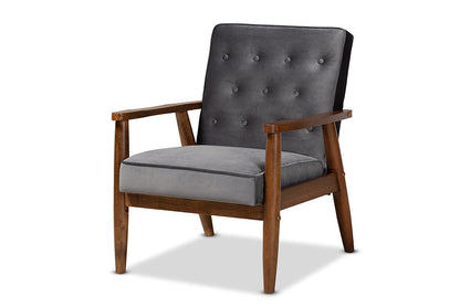 Baxton Studio Sorrento Mid-century Modern Grey Velvet Fabric Upholstered Walnut Finished 3-Piece Wooden Living Room Set