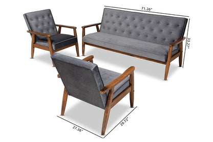 Baxton Studio Sorrento Mid-century Modern Grey Velvet Fabric Upholstered Walnut Finished 3-Piece Wooden Living Room Set