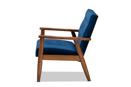 Baxton Studio Sorrento Mid-century Modern Navy Blue Velvet Fabric Upholstered Walnut Finished Wooden Lounge Chair