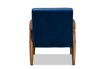 Baxton Studio Sorrento Mid-century Modern Navy Blue Velvet Fabric Upholstered Walnut Finished Wooden Lounge Chair