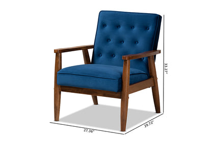 Baxton Studio Sorrento Mid-century Modern Navy Blue Velvet Fabric Upholstered Walnut Finished Wooden Lounge Chair