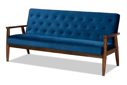 Baxton Studio Sorrento Mid-century Modern Navy Blue Velvet Fabric Upholstered Walnut Finished 3-Piece Wooden Living Room Set