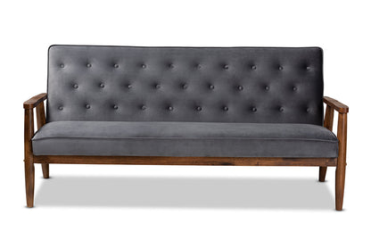 Baxton Studio Sorrento Mid-century Modern Grey Velvet Fabric Upholstered Walnut Finished Wooden 3-seater Sofa
