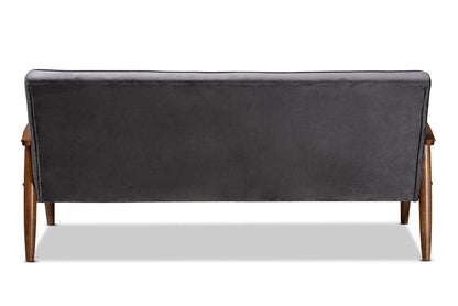 Baxton Studio Sorrento Mid-century Modern Grey Velvet Fabric Upholstered Walnut Finished Wooden 3-seater Sofa