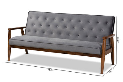 Baxton Studio Sorrento Mid-century Modern Grey Velvet Fabric Upholstered Walnut Finished Wooden 3-seater Sofa